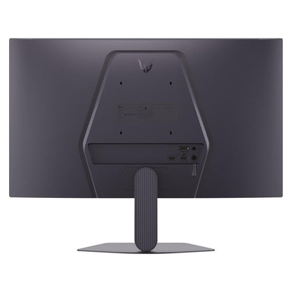The back view of a dark gray gaming monitor with a textured central mounting plate, a ribbed stand, and a flat base, shown on a solid white background.