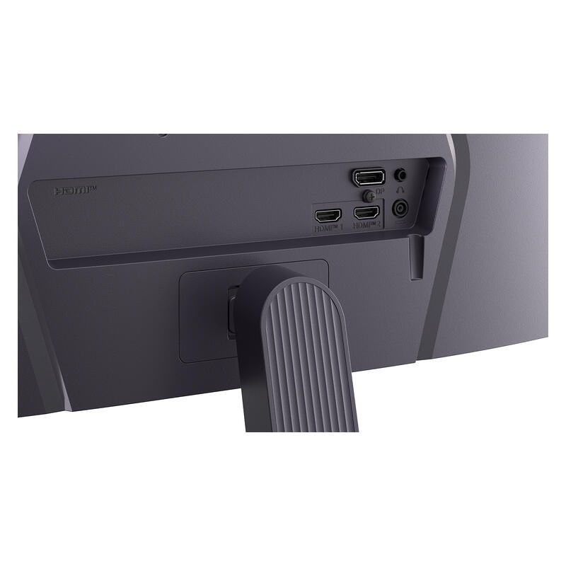 Close-up of the rear port area of a dark gray computer monitor, showing HDMI and audio jacks, with part of the stand visible against a white background.