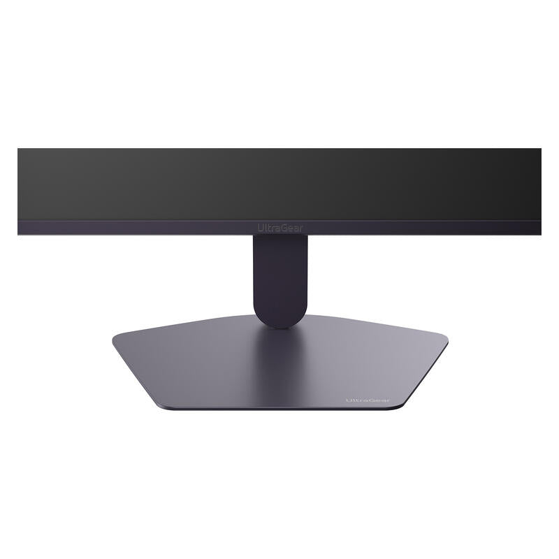 A sleek black monitor with a wide rectangular screen and a dark gray geometric stand, shown against a plain white background.