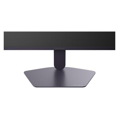 A sleek black monitor with a wide rectangular screen and a dark gray geometric stand, shown against a plain white background.
