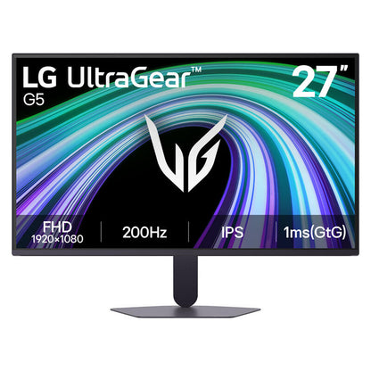 LG UltraGear G5 27-inch gaming monitor with a black stand, shown on a white background with product specifications overlaid on the screen.