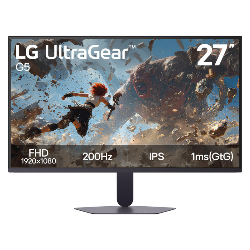 LG UltraGear G5 27-inch gaming monitor with a black stand, shown on a white background with product specifications overlaid on the screen.