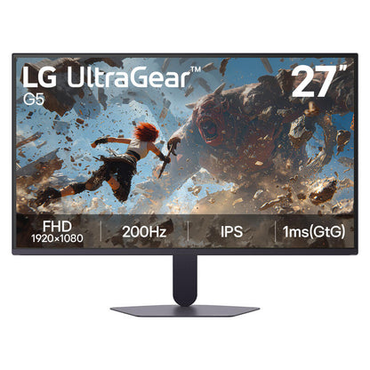 LG UltraGear G5 27-inch gaming monitor with a black stand, shown on a white background with product specifications overlaid on the screen.