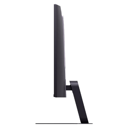 Side profile view of a slim black computer monitor with a minimalist angled stand, shown against a solid white background.
