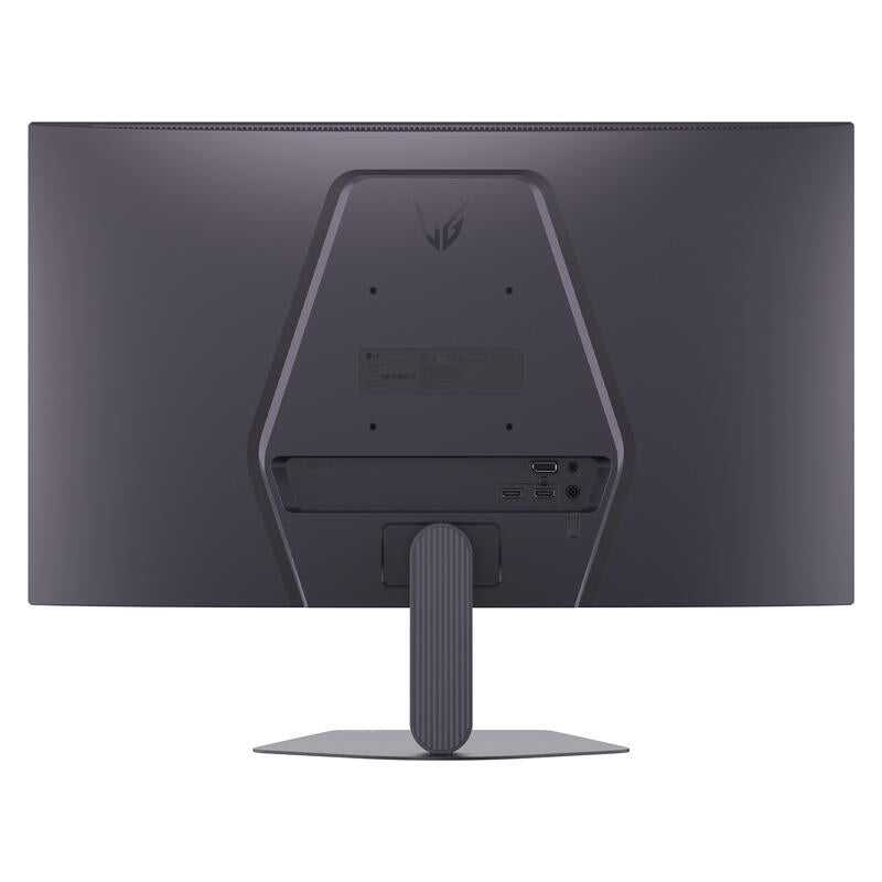 The back view of a dark gray gaming monitor on a clean white background, showing the back panel with a subtle ASUS ROG logo and the textured stand.