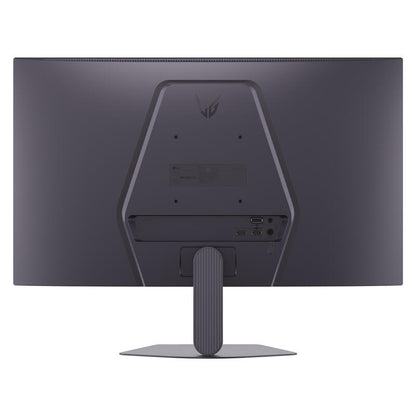 The back view of a dark gray gaming monitor on a clean white background, showing the back panel with a subtle ASUS ROG logo and the textured stand.