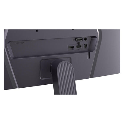 Close-up of the rear port area of a dark gray computer monitor, showing HDMI, DisplayPort, and audio jacks, with part of the stand visible against a white background.