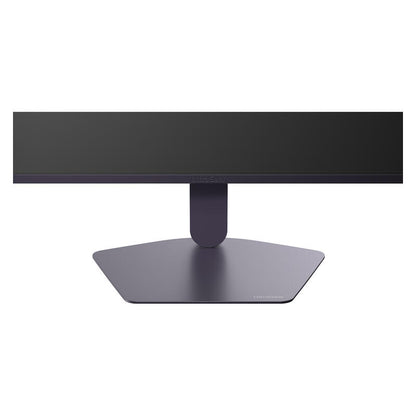 A sleek modern computer monitor with a wide black screen, a dark gray stand, and a hexagonal base on a plain white background.