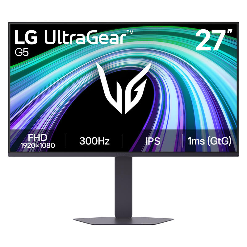 LG UltraGear G5 27-inch gaming monitor with a black stand, featuring a vibrant multicolor display on a clean white background.