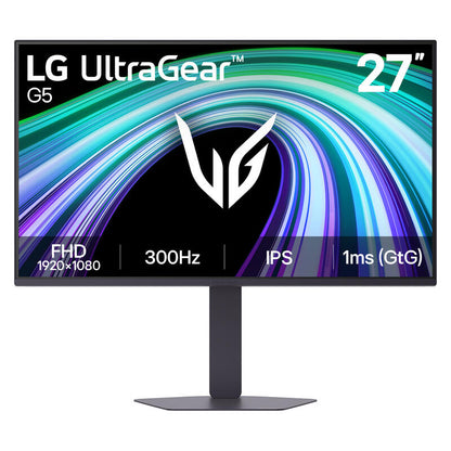 LG UltraGear G5 27-inch gaming monitor with a black stand, featuring a vibrant multicolor display on a clean white background.