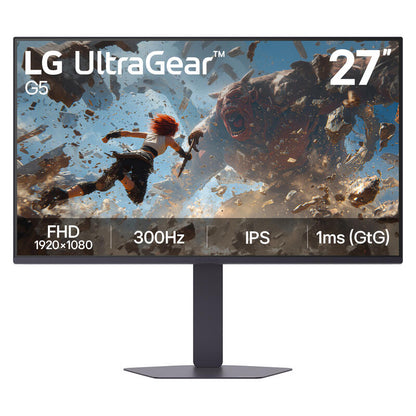 LG UltraGear G5 27-inch gaming monitor with a black stand, shown on a plain white background. The screen displays a game scene with a warrior and a monster, along with text overlays indicating FHD 1920x1080, 300Hz, IPS, and 1ms (GtG).