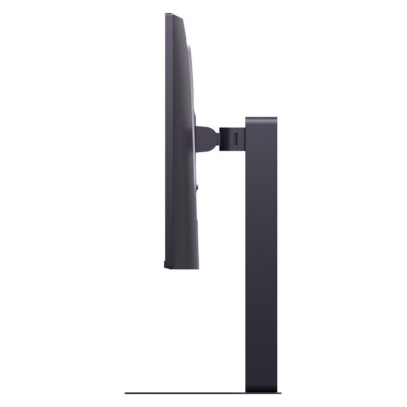 Side profile view of a dark gray computer monitor mounted on a matching stand against a plain white background.