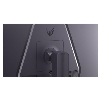 Close-up of the back of a dark gray gaming monitor showing the hinge, stand, and a stylized logo on the upper section.