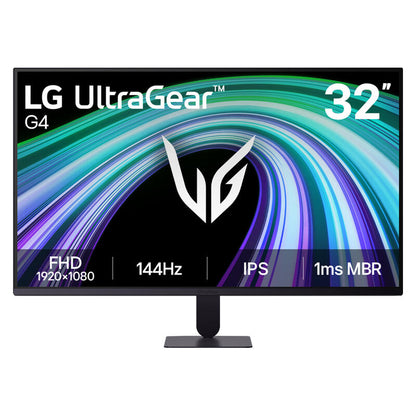 LG UltraGear G4 32-inch monitor on a white background, featuring a black bezel and stand with colorful display graphics showing FHD 1920x1080, 144Hz, IPS, and 1ms MBR specs.