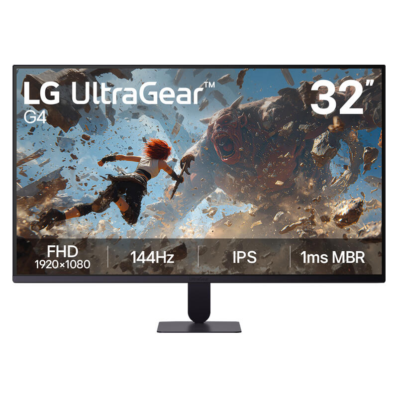 LG UltraGear G4 32-inch gaming monitor with a black stand, shown on a plain white background. The screen displays a game scene with a character and a monster, along with feature text overlays including 'LG UltraGear G4', '32"', 'FHD 1920x1080', '144Hz', 'IPS', and '1ms MBR'.