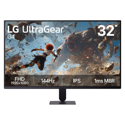 LG UltraGear G4 32-inch gaming monitor with a black stand, shown on a plain white background. The screen displays a game scene with a character and a monster, along with feature text overlays including 'LG UltraGear G4', '32"', 'FHD 1920x1080', '144Hz', 'IPS', and '1ms MBR'.