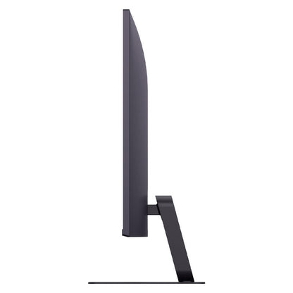 Side profile view of a slim black computer monitor with a minimalist angled stand, shown against a solid white background.