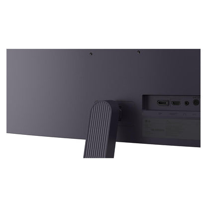 Close-up rear view of a dark gray computer monitor showing the back panel, stand base, and port area on a white background.
