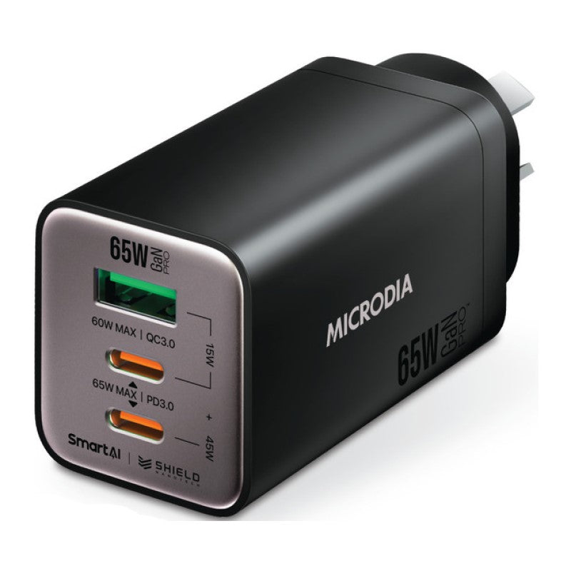 Microdia Smartcube Nano 65W Tri Port Gan Wall Charger - Black