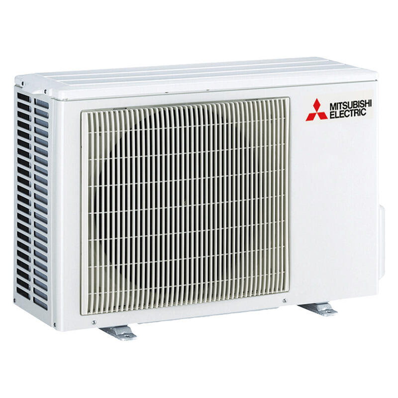 Mitsubishi Electric air conditioner outdoor condenser unit in white, featuring a large front grille and the red Mitsubishi Electric logo on the upper right side.