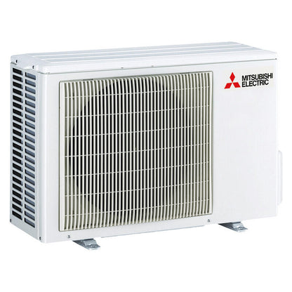 Mitsubishi Electric air conditioner outdoor condenser unit in white, featuring a large front grille and the red Mitsubishi Electric logo on the upper right side.