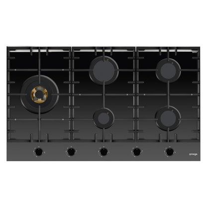 Omega 90cm Gas on Glass Cooktop with Wok Burner - Black