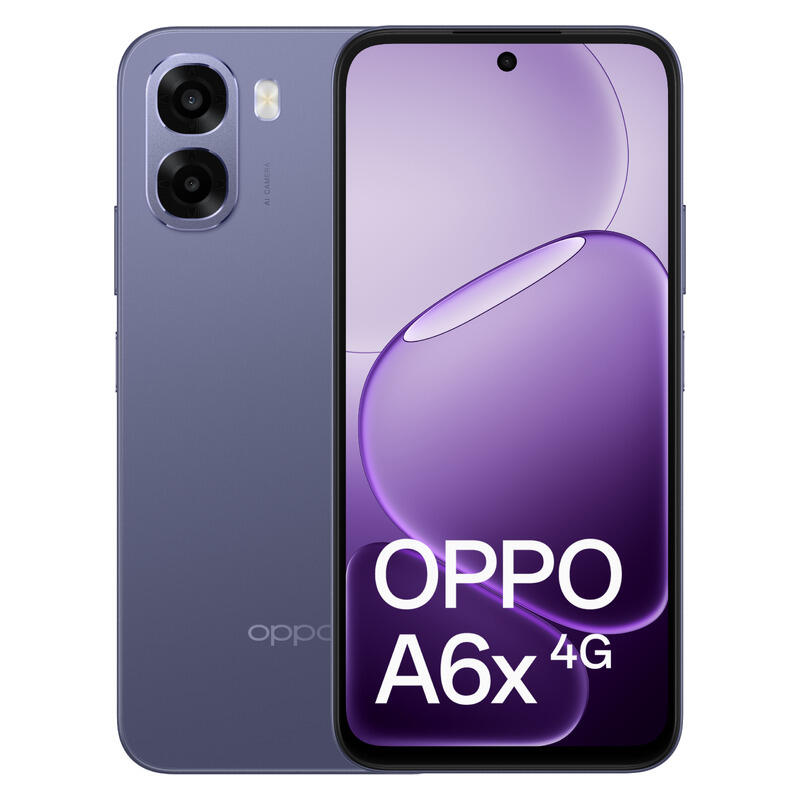 Purple Oppo A6x 4G smartphone showing front and back on a white background