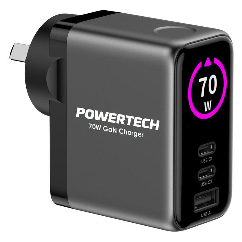 Powertech 70W GaN Dual Mains Power Adapter with TFT Screen -  USB-C and USB-A