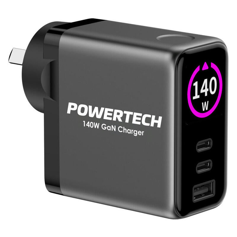 Powertech 140W GaN Dual Mains Power Adapter with TFT Screen - USB-C and USB-A