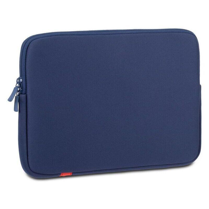 A navy blue neoprene laptop sleeve with a zippered closure, shown from a three-quarters angle on a white background.