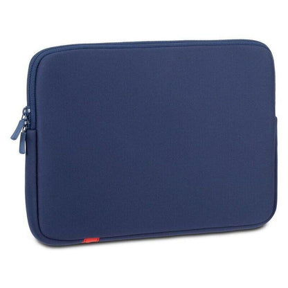 A navy blue neoprene laptop sleeve with a zippered closure, shown from a three-quarters angle on a white background.