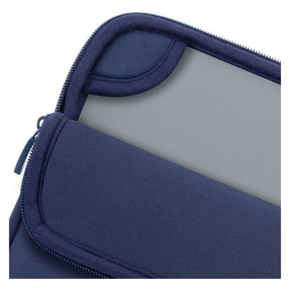 Close-up of a navy blue neoprene laptop sleeve showing a zippered pocket and a padded corner detail on a white background.