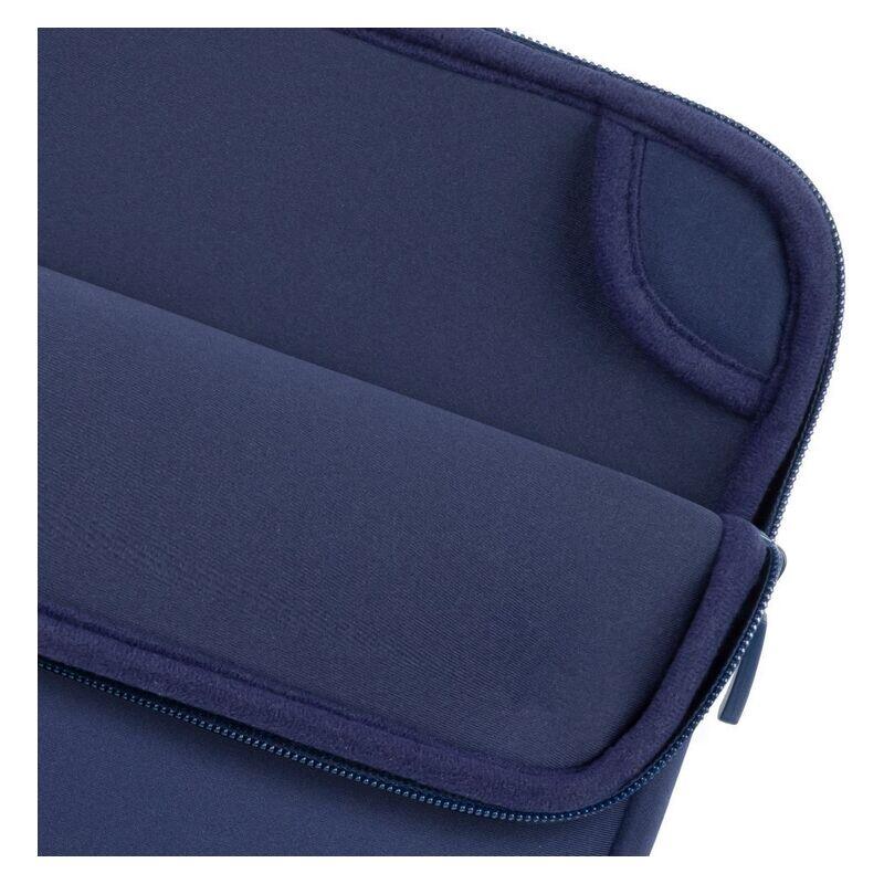 Close-up of a navy blue soft-sided zippered pouch or sleeve, showing the fabric texture, zipper trim, and a padded corner detail on a white background.