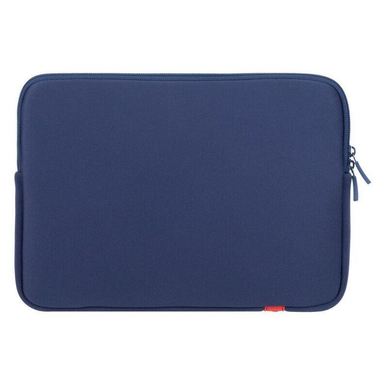 A navy blue neoprene laptop sleeve with a zippered closure and a small red accent tab near the bottom right, shown against a plain white background.