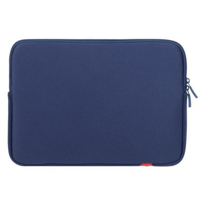 A navy blue neoprene laptop sleeve with a zippered closure and a small red accent tab near the bottom right, shown against a plain white background.