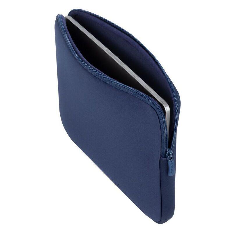 A navy blue neoprene laptop sleeve shown open, containing a silver laptop, on a solid white background.