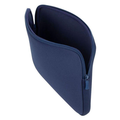 A navy blue neoprene laptop sleeve shown open against a plain white background.