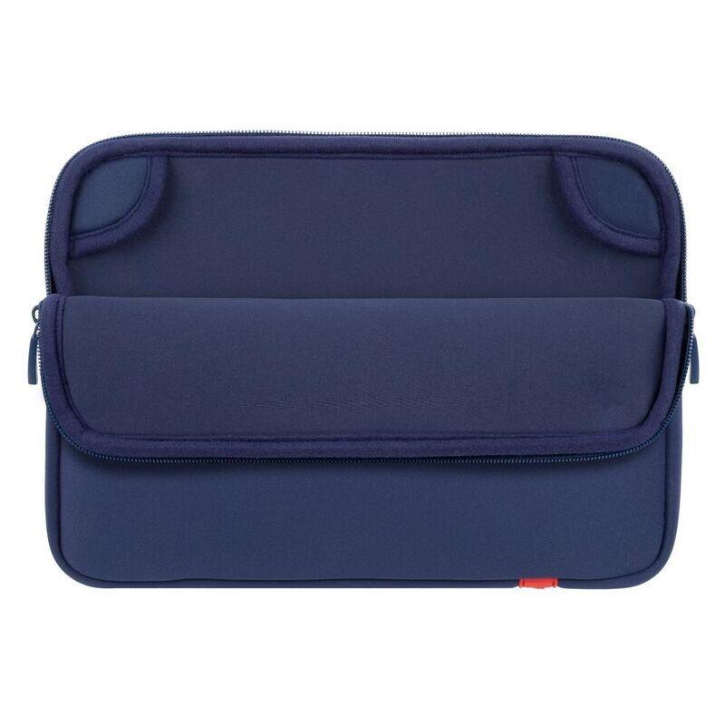 A navy blue neoprene laptop sleeve with a front zippered pocket, shown open against a plain white background.