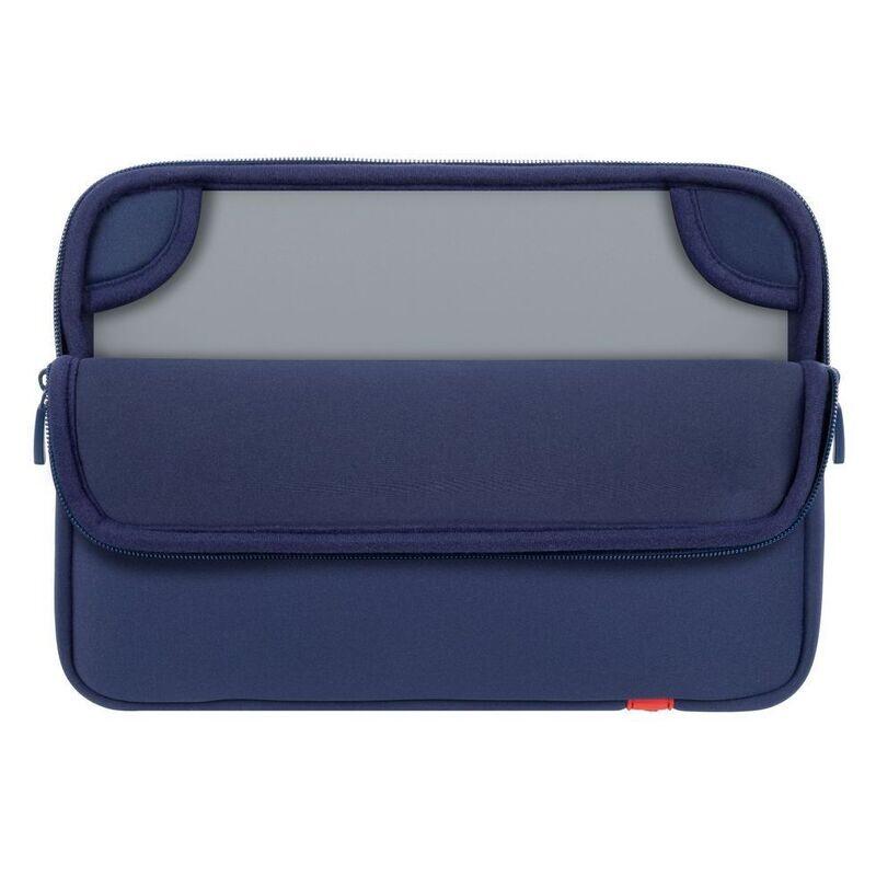 A navy blue neoprene laptop sleeve with a zippered front pocket and a clear plastic window on the back, shown against a plain white background.