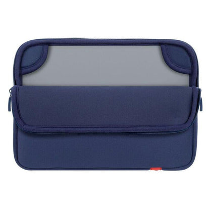 A navy blue neoprene laptop sleeve with a zippered front pocket and a clear plastic window on the back, shown against a plain white background.