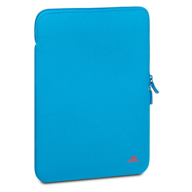 A bright blue neoprene tablet sleeve with a zippered closure and a small red logo on the bottom right, shown on a plain white background.