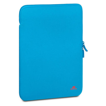 A bright blue neoprene tablet sleeve with a zippered closure and a small red logo on the bottom right, shown on a plain white background.