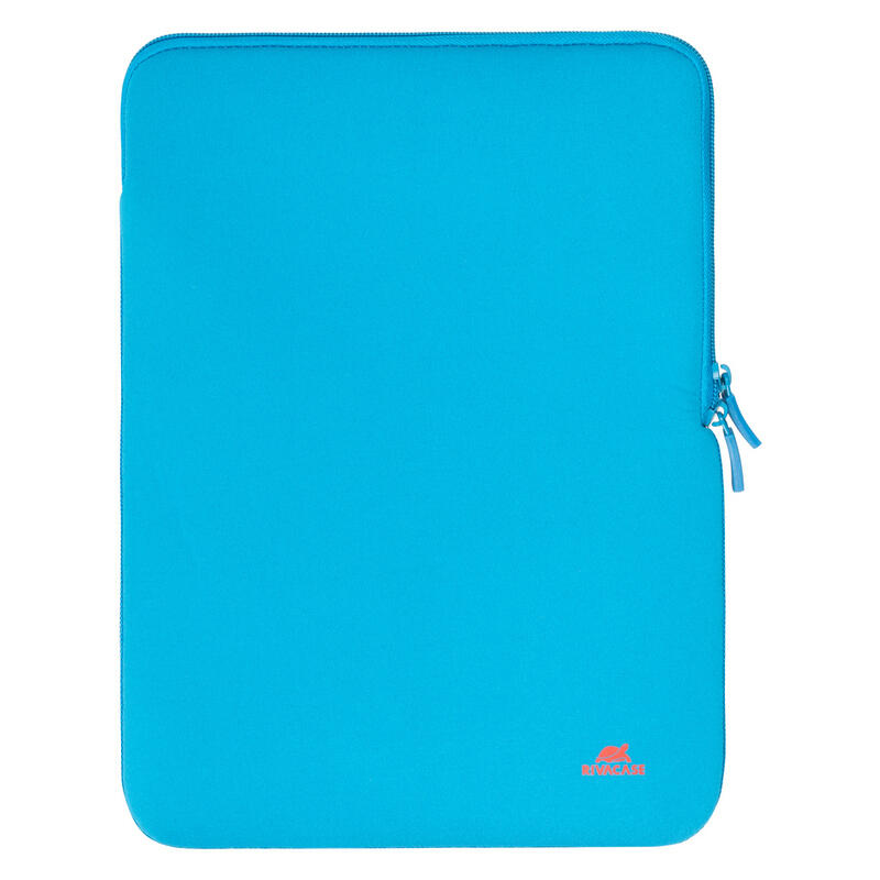 A bright blue neoprene tablet sleeve with a zippered closure and a small red logo on the bottom right, shown against a plain white background.