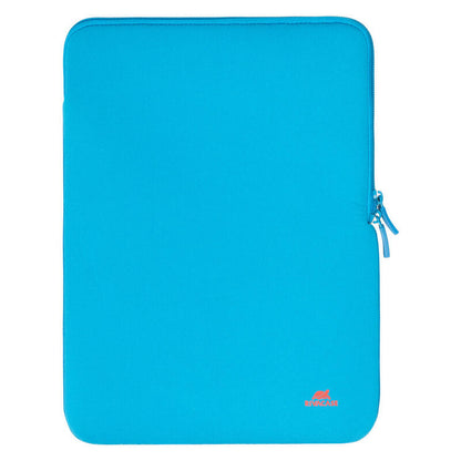 A bright blue neoprene tablet sleeve with a zippered closure and a small red logo on the bottom right, shown against a plain white background.