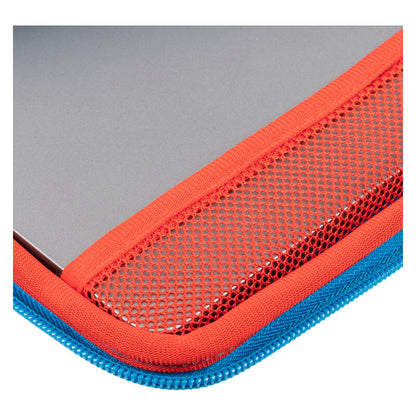 Close-up of a zippered protective case corner with a gray textured insert, featuring a bright orange mesh panel, orange fabric trim, and a blue zipper.
