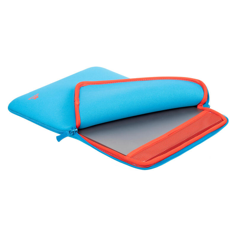 A bright blue neoprene tablet sleeve with orange-red trim, shown open to reveal a gray interior lining and a mesh pocket on the front.