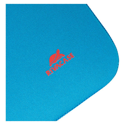 A close-up of a bright blue textured mouse pad with rounded corners, featuring a red Rivace logo printed near the center, set against a plain white background.