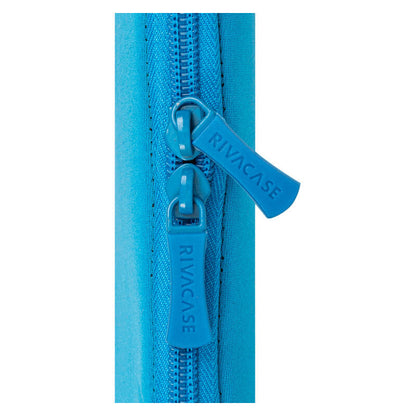 Close-up of a bright blue zippered case with matching blue zipper pulls and the brand name RIVACASE embossed on the pulls, set against a plain white background.