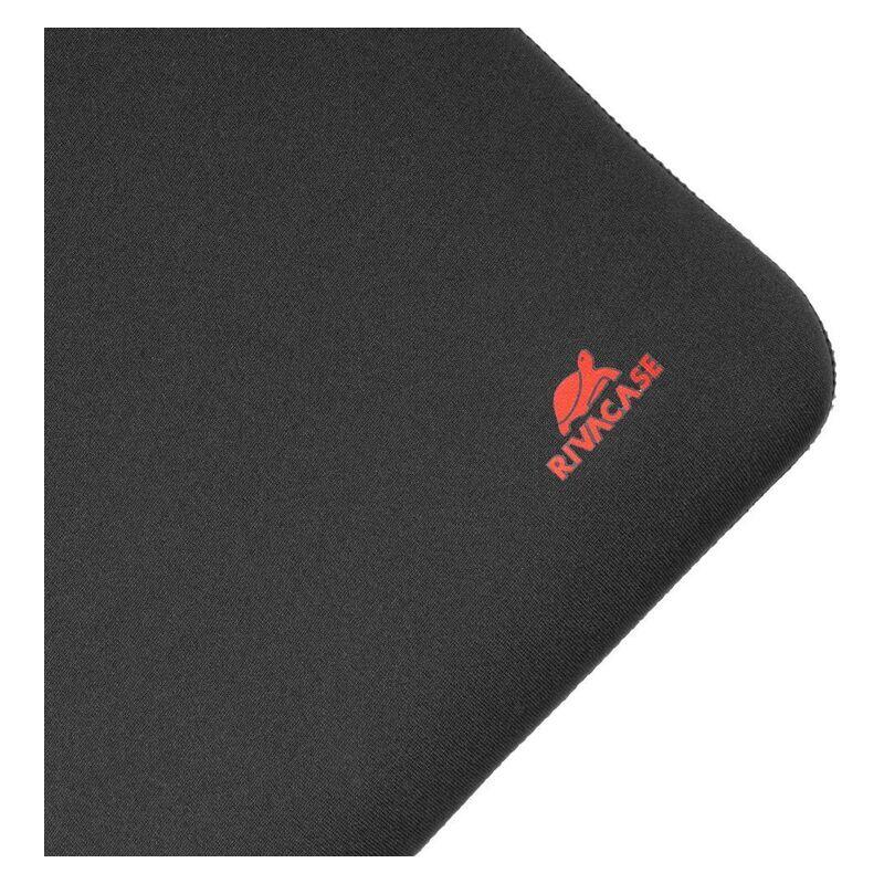 A close-up of a black laptop case  showing its corner with a red Rivase logo printed on the surface, set against a plain white background.