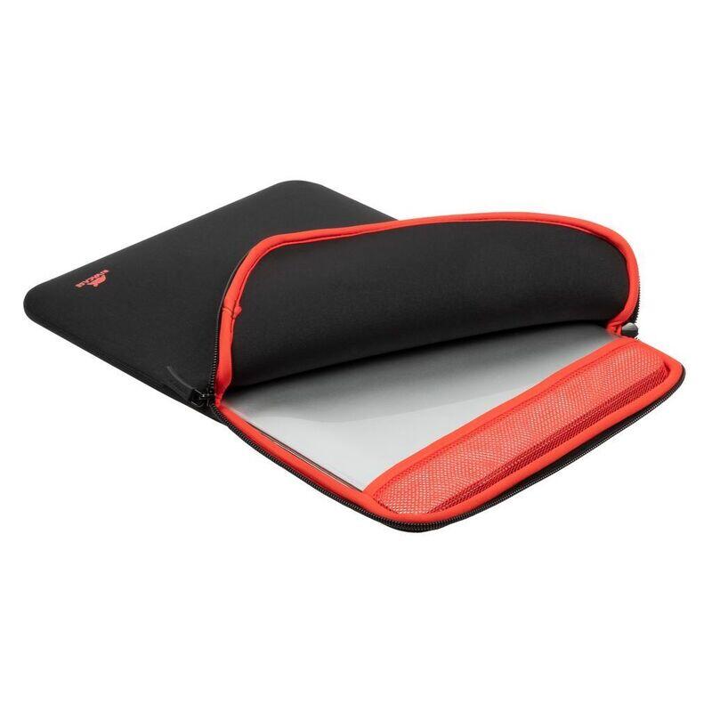 A black neoprene laptop sleeve with bright red trim and a red mesh pocket, shown open with a silver laptop inside on a white background.